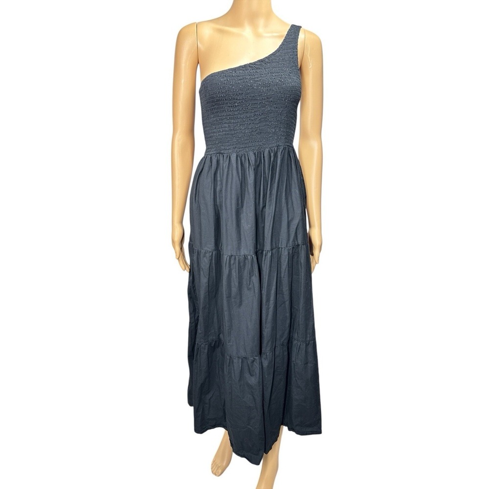 O.P.T One Shoulder Dress Smocked Tiered Midi Casual Party Black M